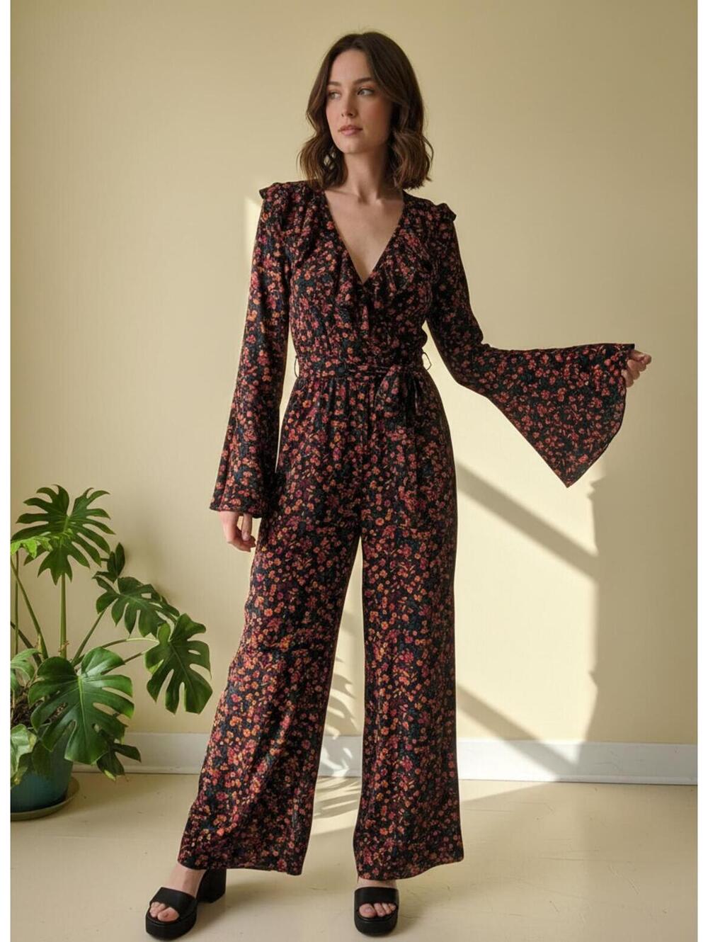 Band of Gypsies Black Floral Long Sleeve Jumpsuit Ruffle